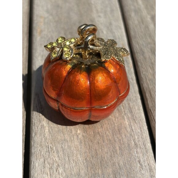 MONET Orange Pumpkin Collectible Enamel Keepsake Trinket Box Crystals - Picture 1 of 5